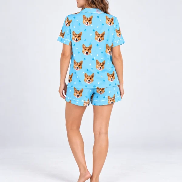 Back view of a short sleeve satin pajama set: the print continues all the way round — MyDogPics