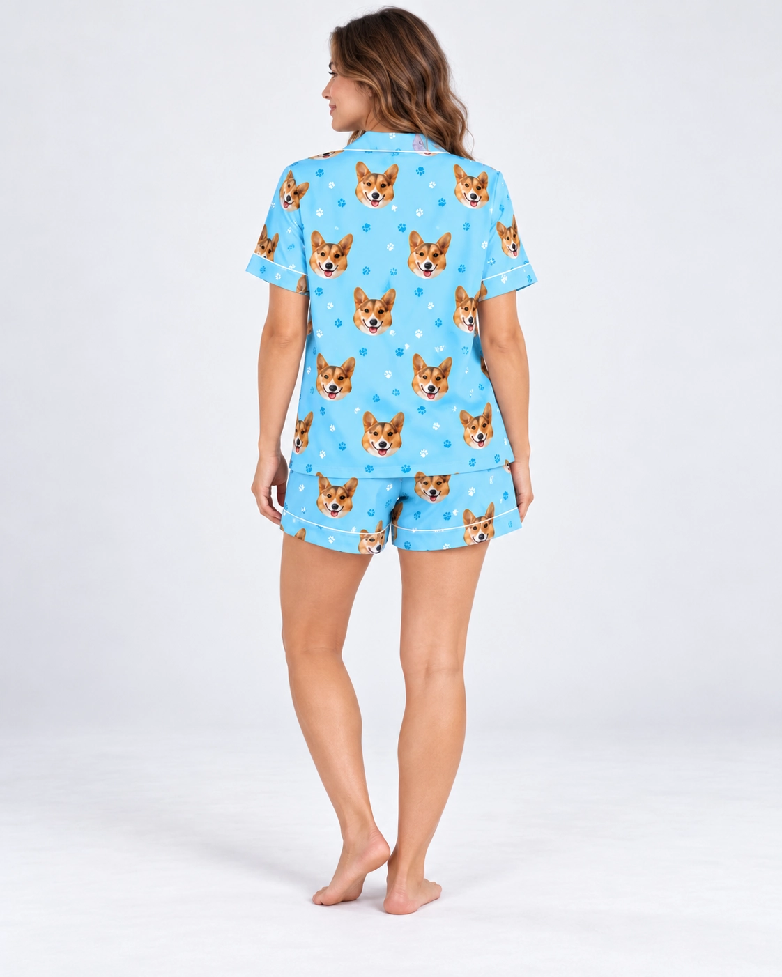 Short Sleeve Satin Pajama Set – Back View | MyDogPics Back view of a short sleeve satin pajama set: the print continues all the way round — MyDogPics