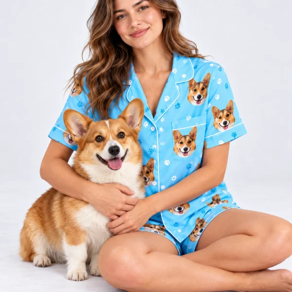 Woman in a short sleeve satin pajama set cuddling her corgi — MyDogPics