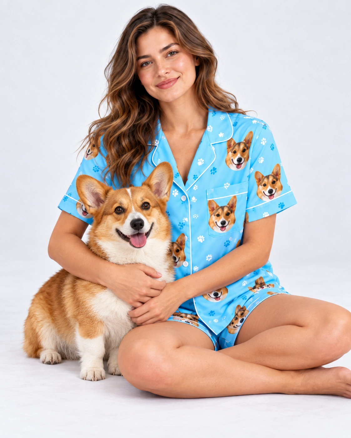 Short Sleeve Satin Pajama Set – Cuddling Dog | MyDogPics Woman in a short sleeve satin pajama set cuddling her corgi — MyDogPics