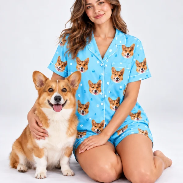 Woman in a short sleeve satin pajama set cuddling her corgi — MyDogPics