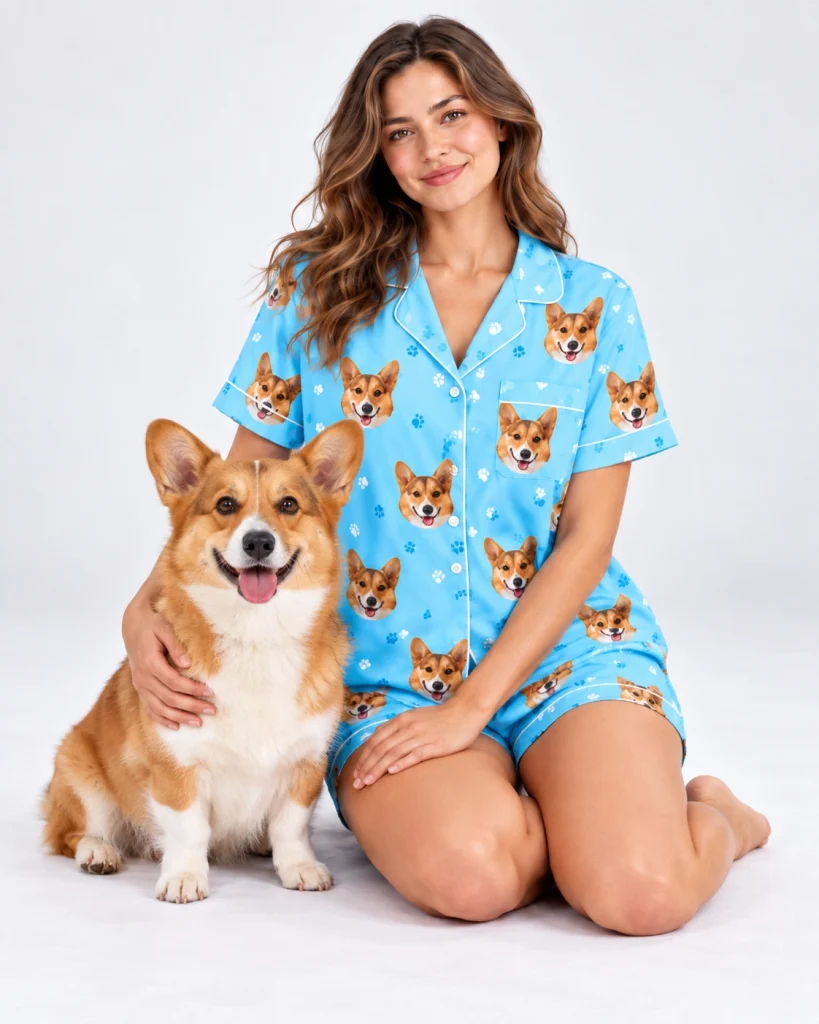 Woman in a short sleeve satin pajama set cuddling her corgi — MyDogPics