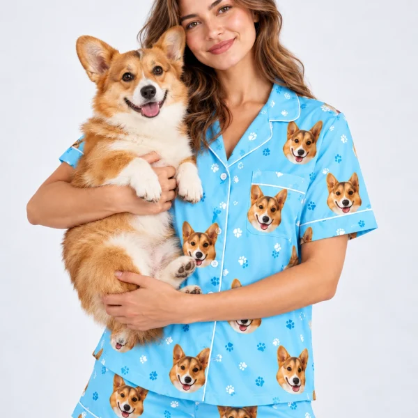 Woman in a short sleeve satin pajama set holding her corgi — MyDogPics