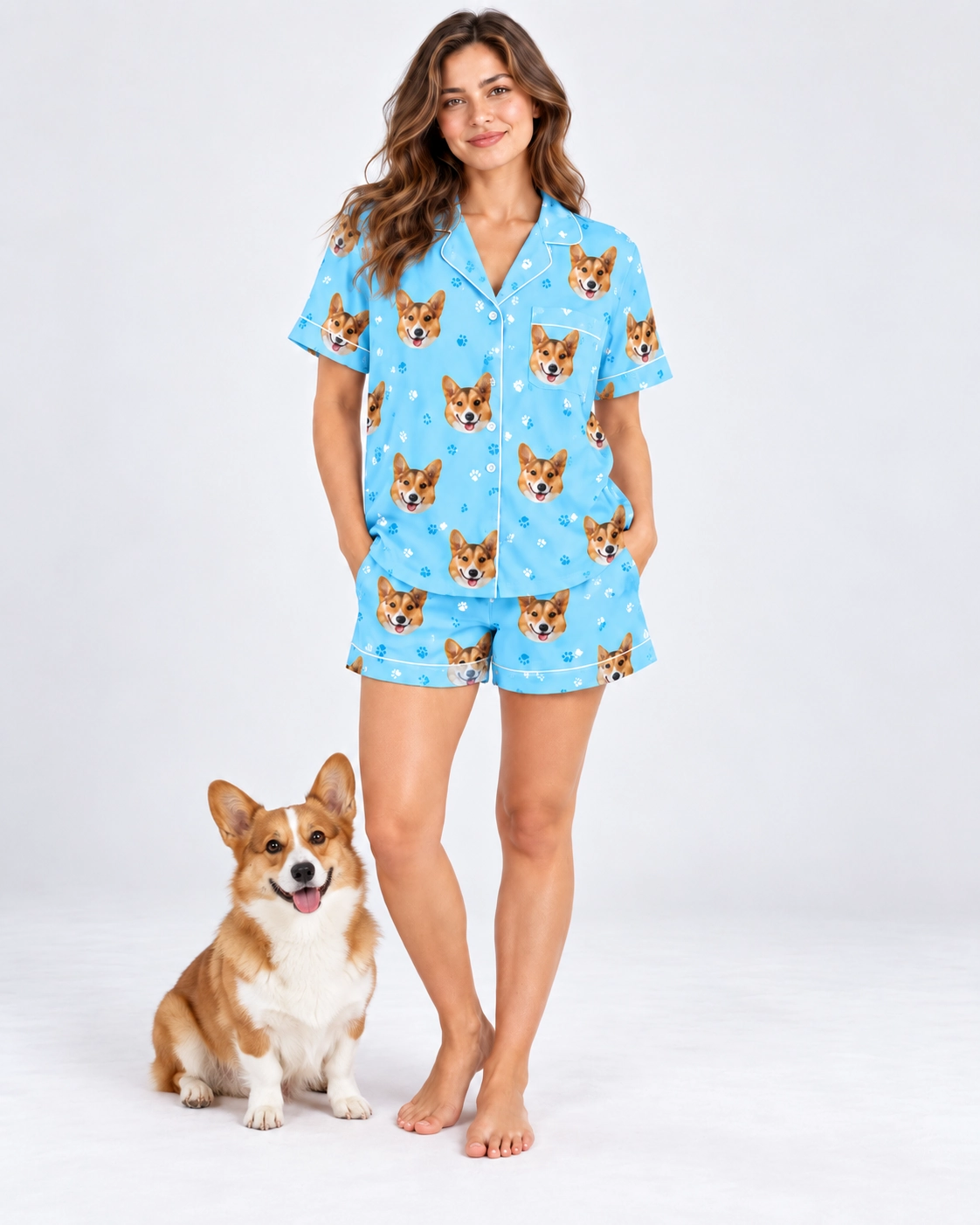 Short Sleeve Satin Pajama Set – With Dog | MyDogPics Woman in a short sleeve satin pajama set standing next to her corgi — MyDogPics