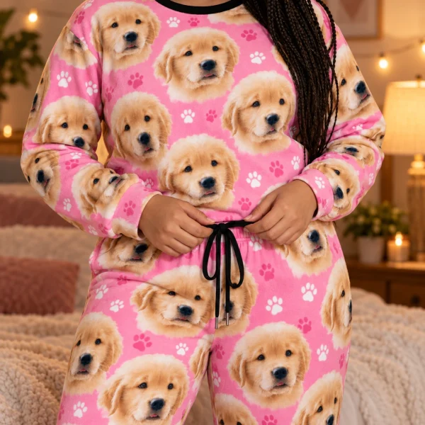 Close-up of the soft pajamas for women print: golden retriever puppy faces on pink paw-print fabric — MyDogPics