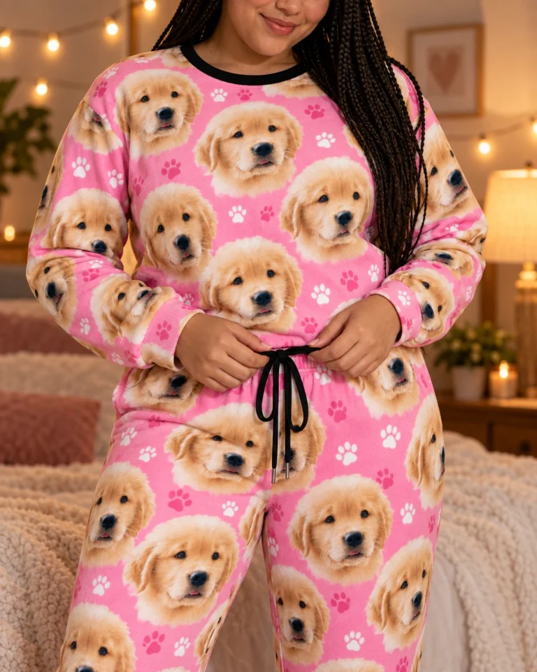 Close-up of the soft pajamas for women print: golden retriever puppy faces on pink paw-print fabric — MyDogPics