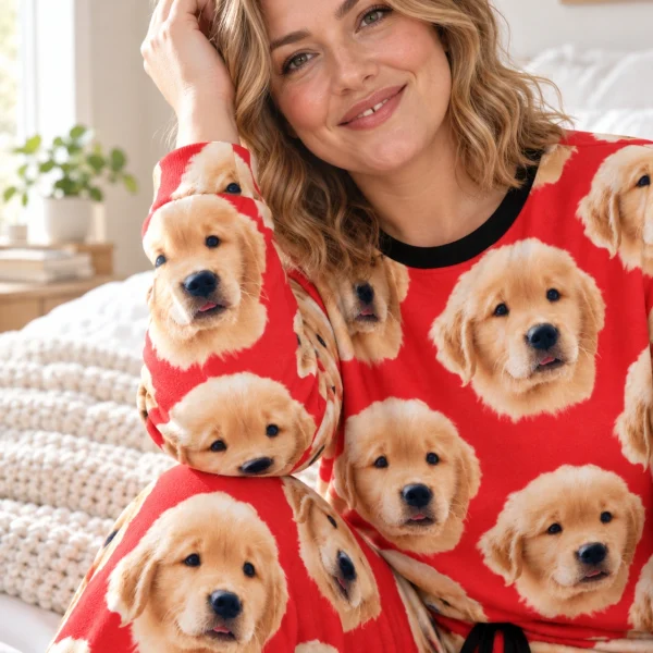 Close-up of the soft pajamas for women print: golden retriever puppy faces on red fabric — MyDogPics