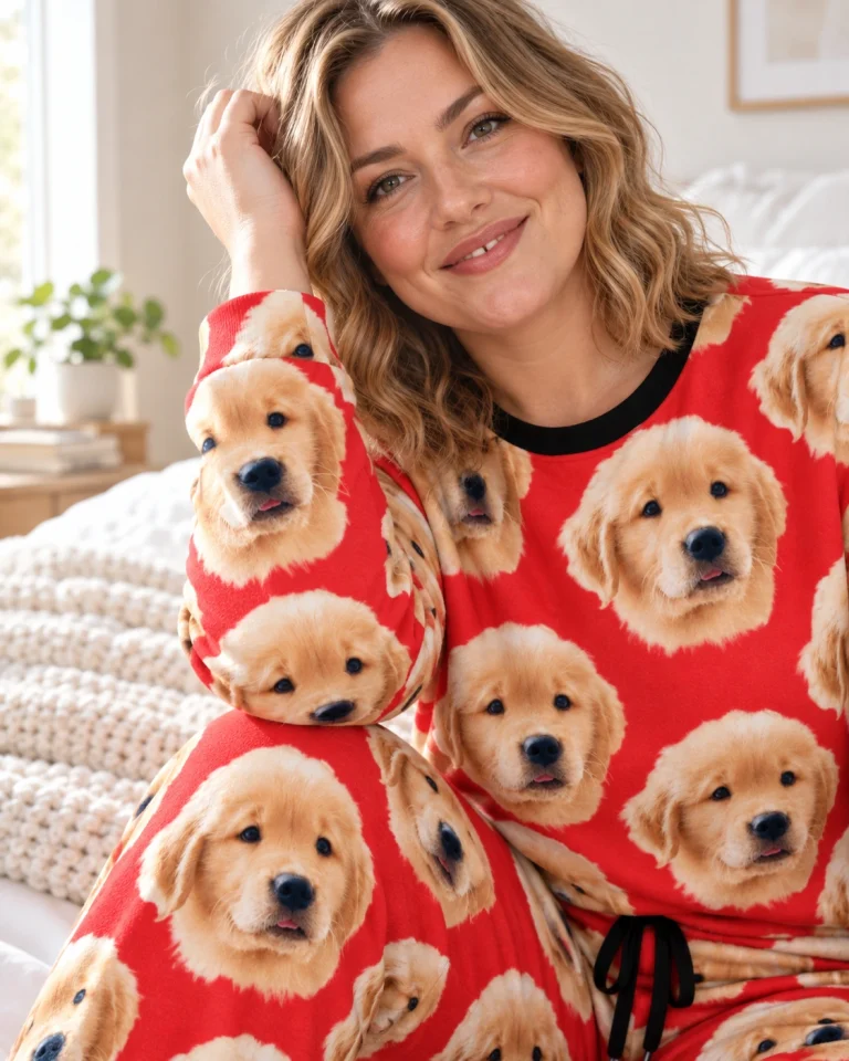 Close-up of the soft pajamas for women print: golden retriever puppy faces on red fabric — MyDogPics