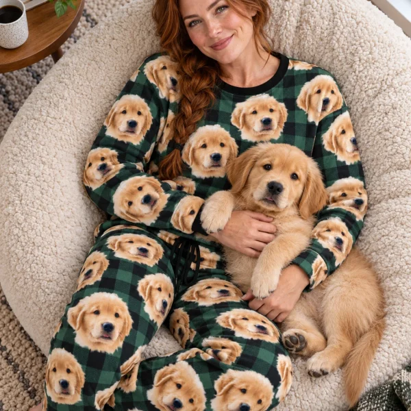 Woman in a soft pajamas for women cuddling her golden retriever puppy — MyDogPics