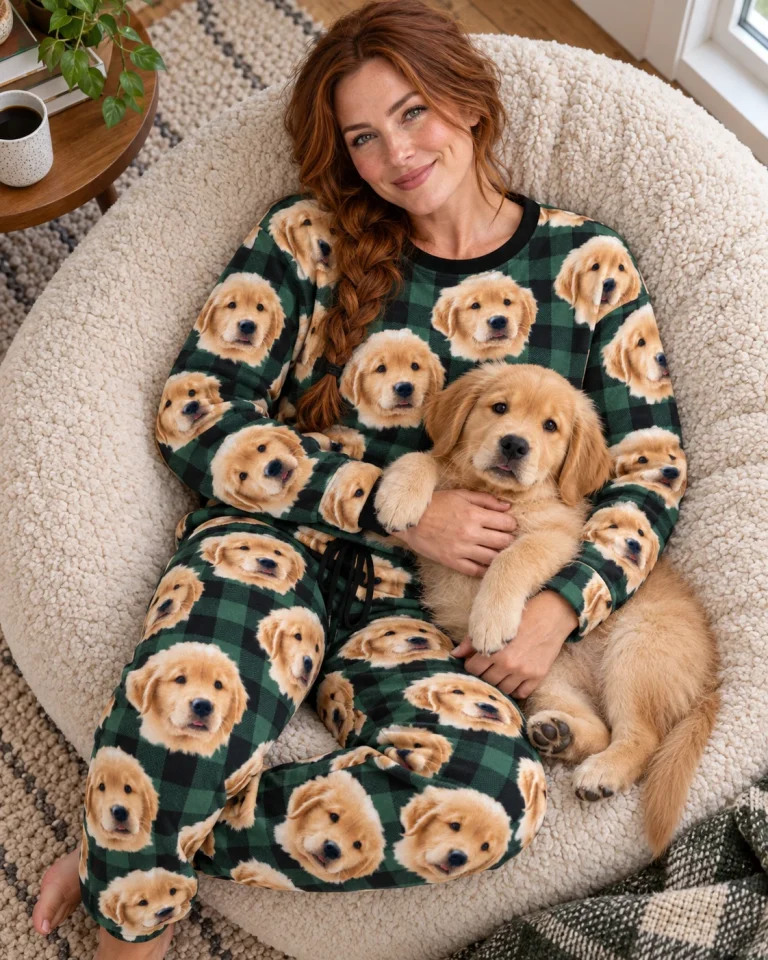 Woman in a soft pajamas for women cuddling her golden retriever puppy — MyDogPics