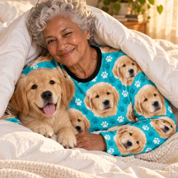 Woman in a soft pajamas for women cuddling her golden retriever puppy — MyDogPics