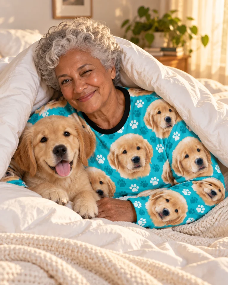 Woman in a soft pajamas for women cuddling her golden retriever puppy — MyDogPics