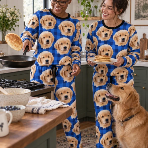 Woman and a friend in matching soft pajamas for women with golden retriever puppy faces on blue plaid fabric — MyDogPics
