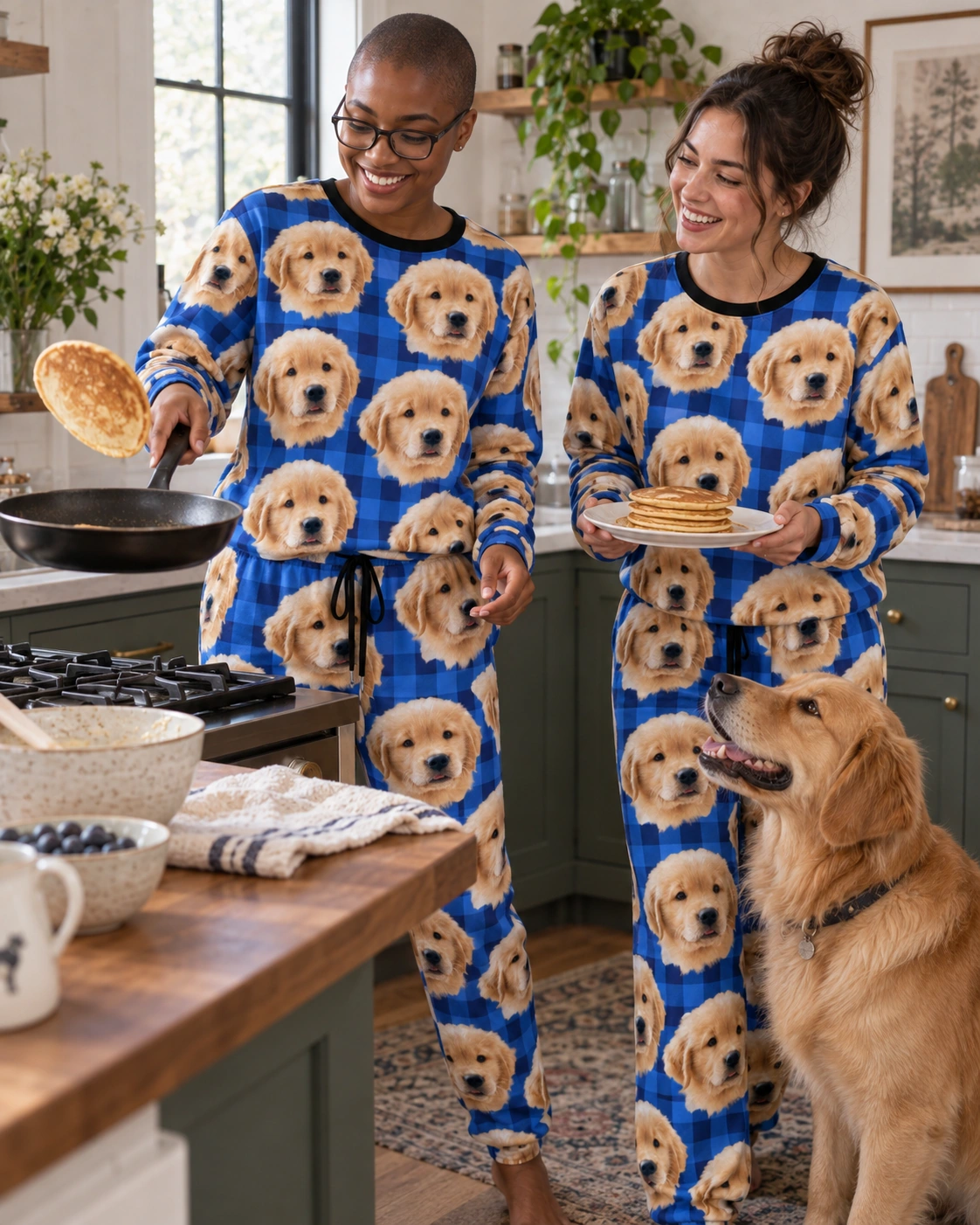 Soft Pajamas for Women – Family, Blue Plaid | MyDogPics Woman and a friend in matching soft pajamas for women with golden retriever puppy faces on blue plaid fabric — MyDogPics