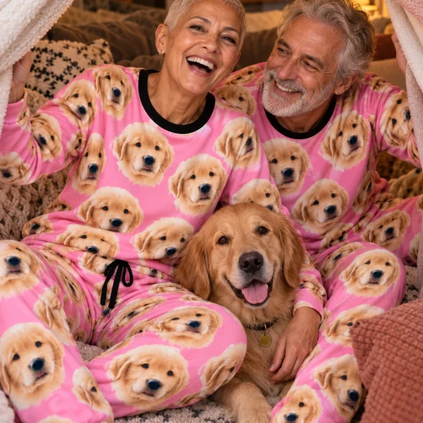 Woman and her partner in matching soft pajamas for women with golden retriever puppy faces on pink fabric — MyDogPics
