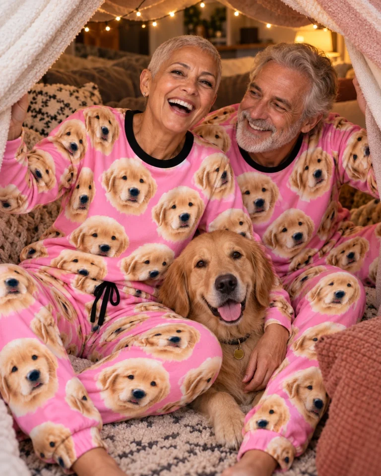 Woman and her partner in matching soft pajamas for women with golden retriever puppy faces on pink fabric — MyDogPics