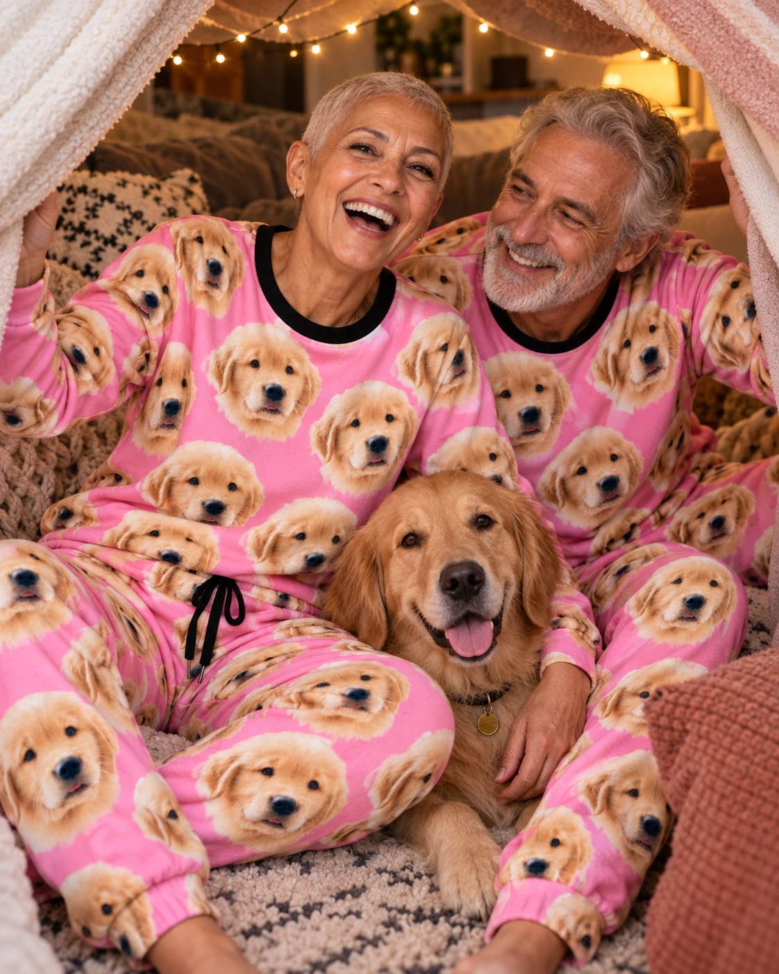 Soft Pajamas for Women – Family, Pink | MyDogPics Woman and her partner in matching soft pajamas for women with golden retriever puppy faces on pink fabric — MyDogPics