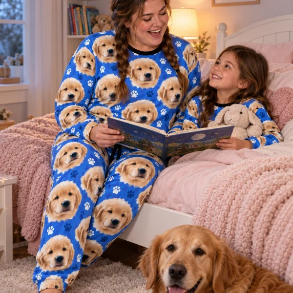 Woman and her daughter in matching soft pajamas for women with golden retriever puppy faces — MyDogPics
