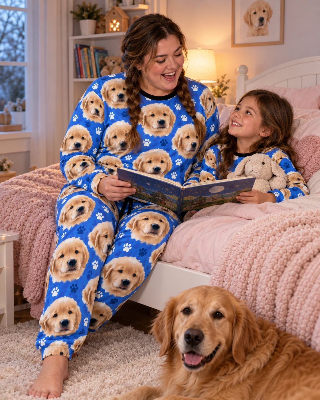 Soft Pajamas for Women – Family, Royal Blue Paw-Print | MyDogPics Woman and her daughter in matching soft pajamas for women with golden retriever puppy faces — MyDogPics