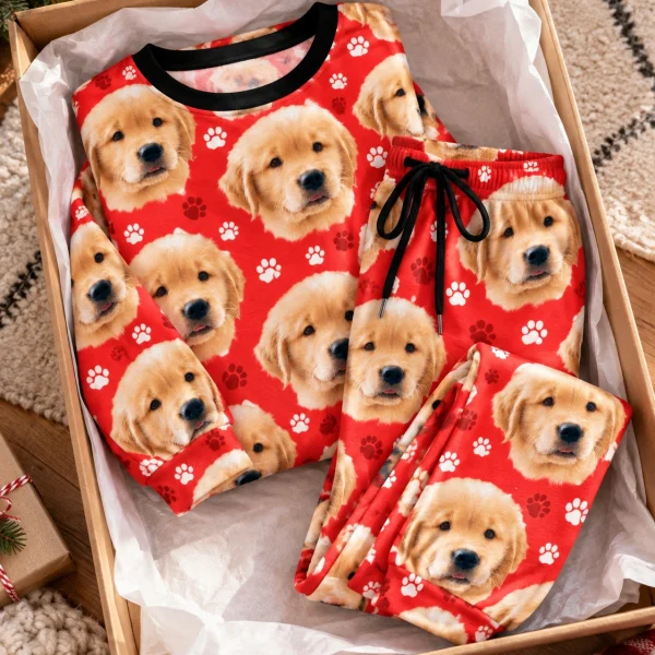 Flat lay of a soft pajamas for women: top and pants covered in golden retriever puppy faces — MyDogPics