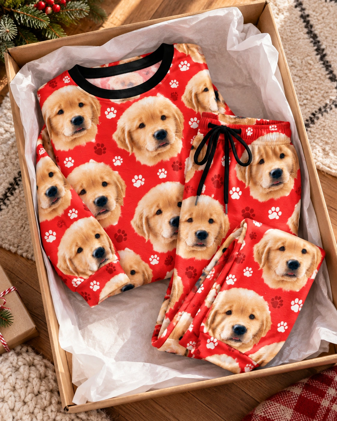 Soft Pajamas for Women – Flat Lay, Red Paw-Print | MyDogPics Flat lay of a soft pajamas for women: top and pants covered in golden retriever puppy faces — MyDogPics