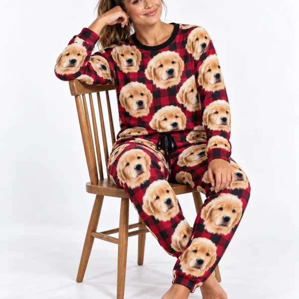 Woman sitting in a soft pajamas for women covered in golden retriever puppy faces — MyDogPics