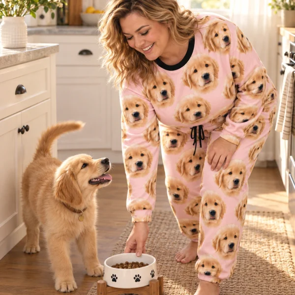 Woman in a soft pajamas for women with her golden retriever puppy — MyDogPics