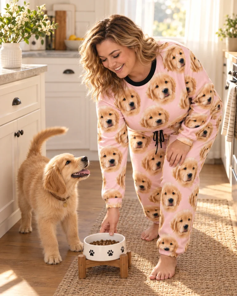 Woman in a soft pajamas for women with her golden retriever puppy — MyDogPics