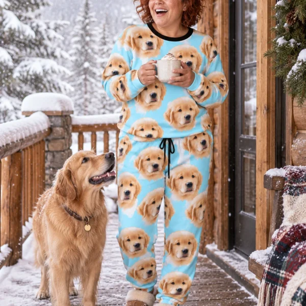Woman in a soft pajamas for women with a golden retriever — MyDogPics