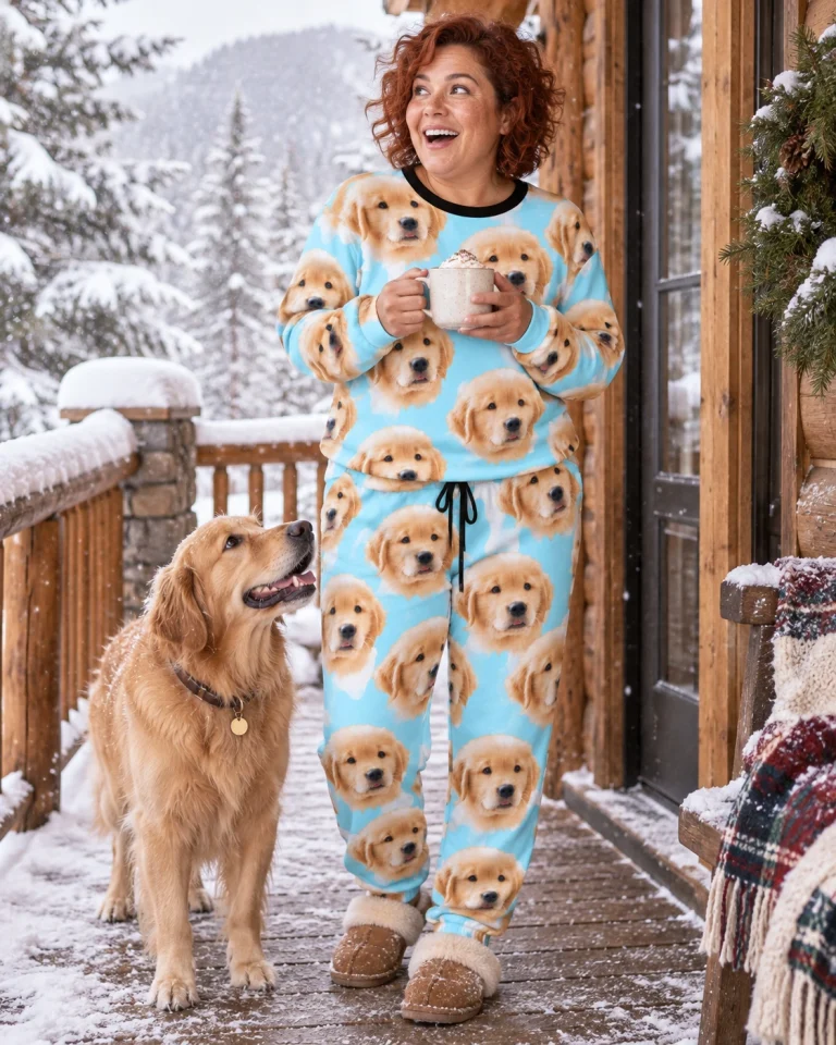 Woman in a soft pajamas for women with a golden retriever — MyDogPics