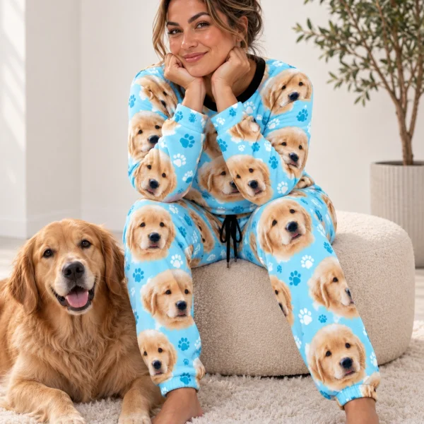 Woman in a soft pajamas for women with a golden retriever — MyDogPics