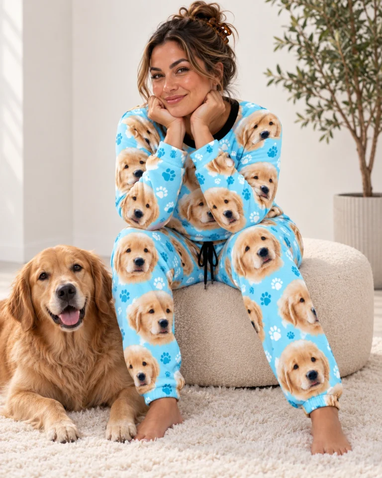 Woman in a soft pajamas for women with a golden retriever — MyDogPics