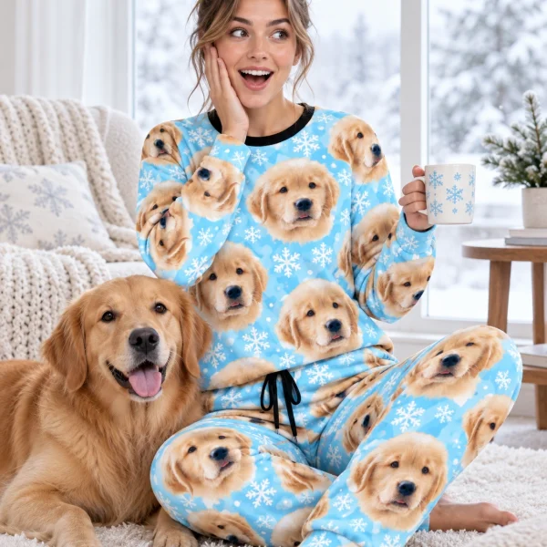 Woman in a soft pajamas for women with a golden retriever — MyDogPics