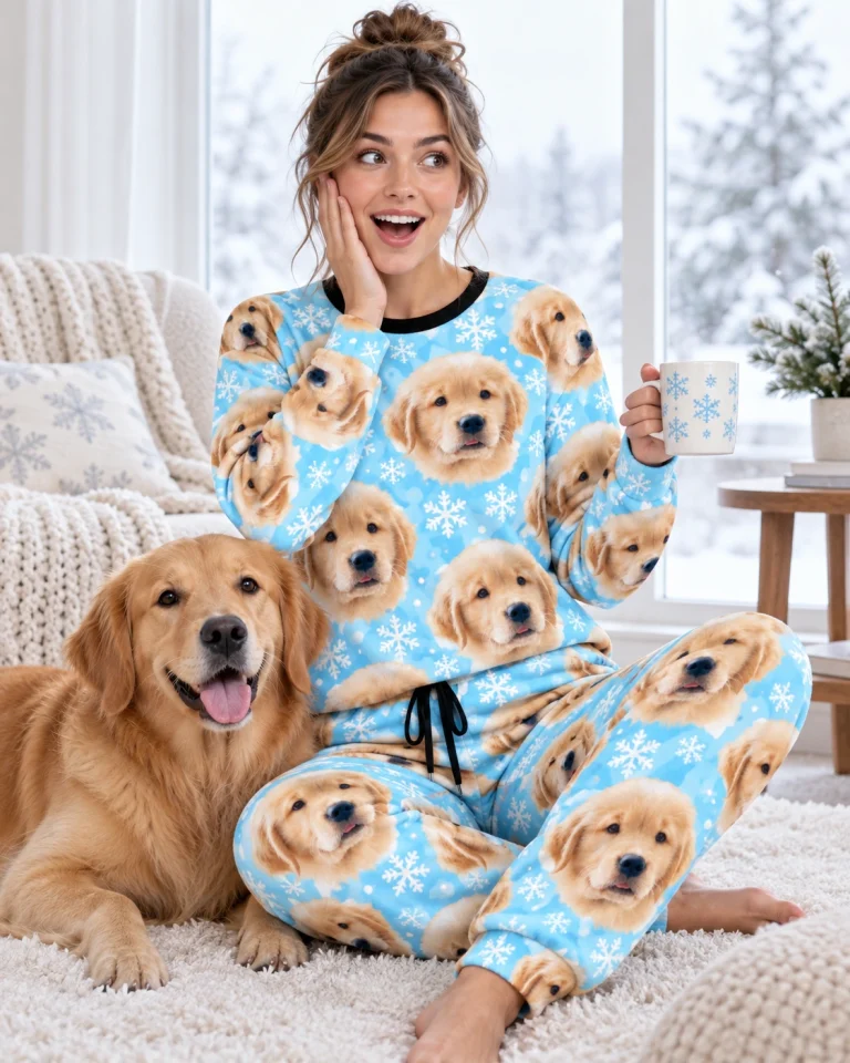 Woman in a soft pajamas for women with a golden retriever — MyDogPics