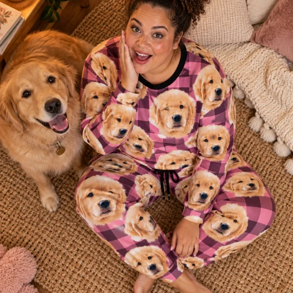 Woman in a soft pajamas for women with a golden retriever — MyDogPics