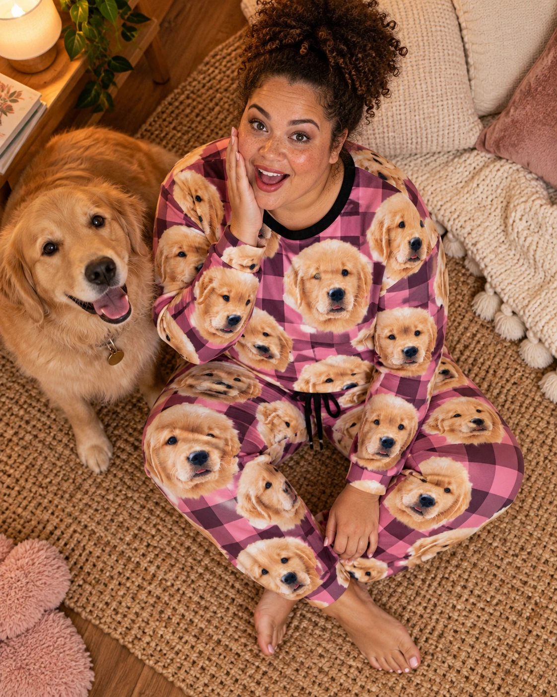 Soft Pajamas for Women – With Dog, Pink Plaid | MyDogPics Woman in a soft pajamas for women with a golden retriever — MyDogPics