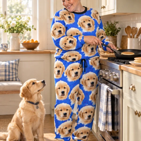 Woman in a soft pajamas for women standing next to her golden retriever puppy — MyDogPics