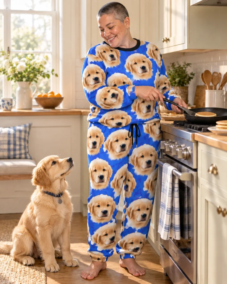 Woman in a soft pajamas for women standing next to her golden retriever puppy — MyDogPics