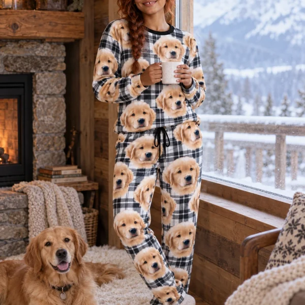 Woman in a soft pajamas for women with a golden retriever — MyDogPics