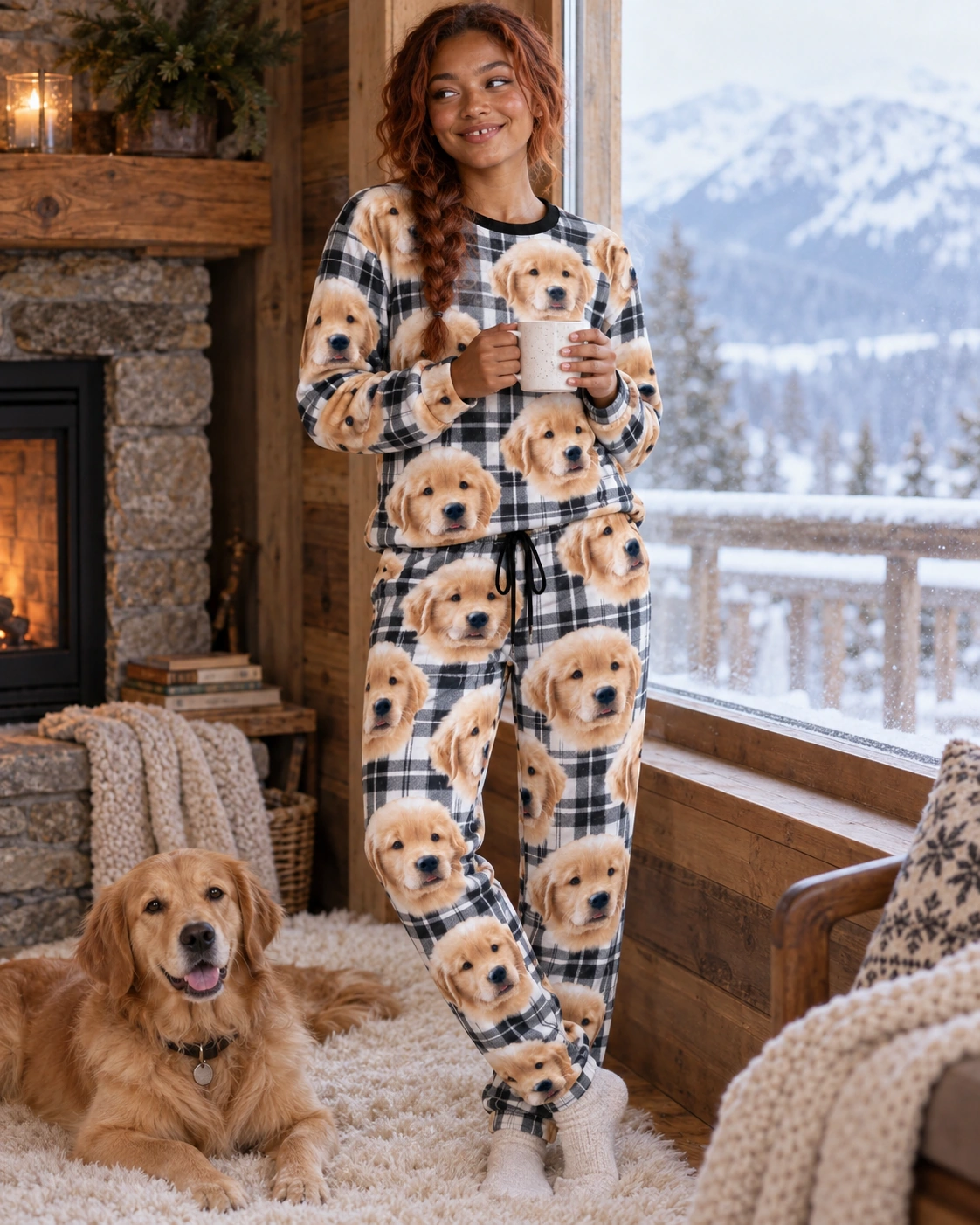 Soft Pajamas for Women – With Dog, White Plaid | MyDogPics Woman in a soft pajamas for women with a golden retriever — MyDogPics