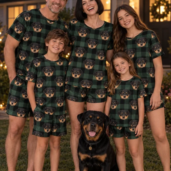 Woman and family in matching summer PJs with Rottweiler puppy faces on green plaid fabric — MyDogPics