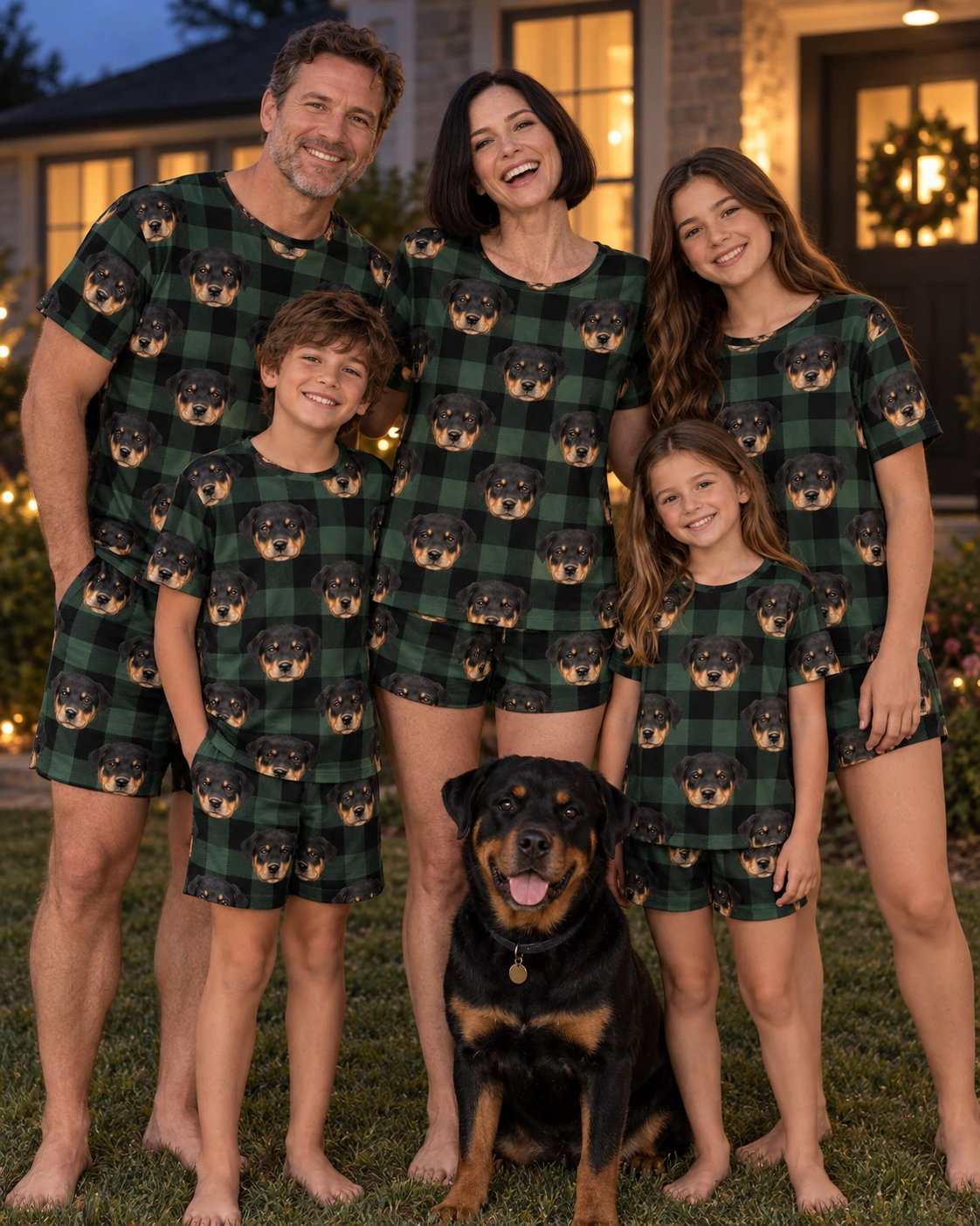 Summer PJs – Family, Green Plaid | MyDogPics Woman and family in matching summer PJs with Rottweiler puppy faces on green plaid fabric — MyDogPics