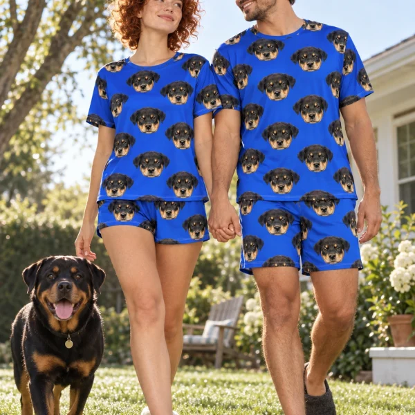 Woman and her partner in matching summer PJs with Rottweiler puppy faces on royal blue fabric — MyDogPics