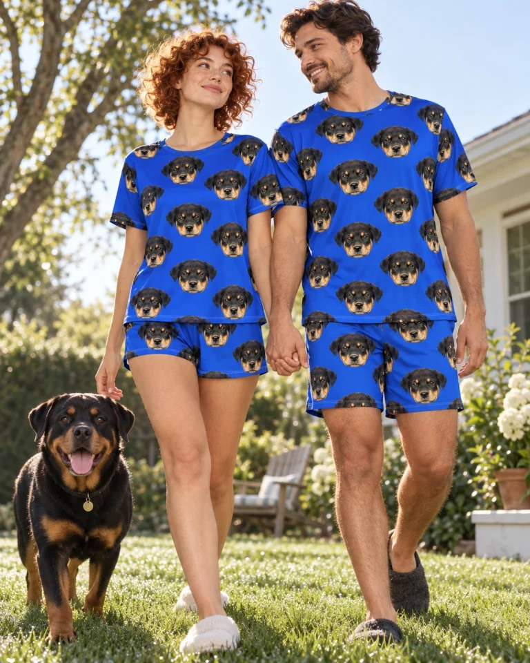 Woman and her partner in matching summer PJs with Rottweiler puppy faces on royal blue fabric — MyDogPics