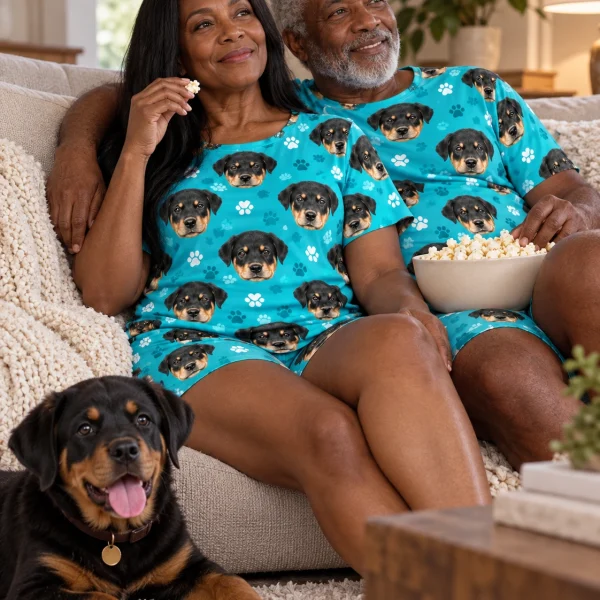 Woman and her partner in matching summer PJs with Rottweiler puppy faces on teal paw-print fabric — MyDogPics