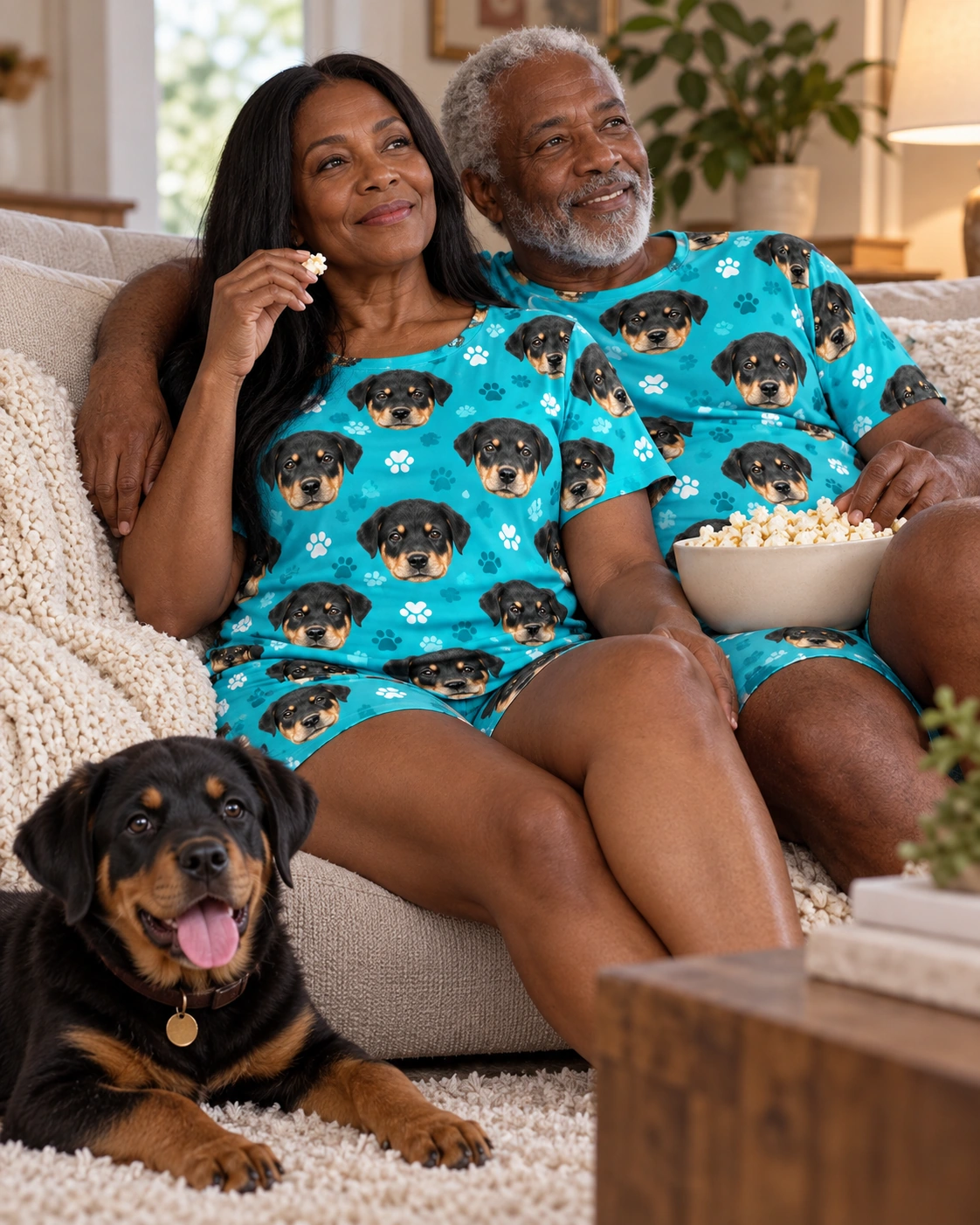 Summer PJs – Family, Teal Paw-Print | MyDogPics Woman and her partner in matching summer PJs with Rottweiler puppy faces on teal paw-print fabric — MyDogPics