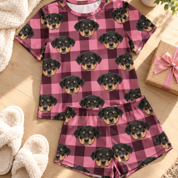 Flat lay of summer PJs: shirt and shorts covered in Rottweiler puppy faces — MyDogPics