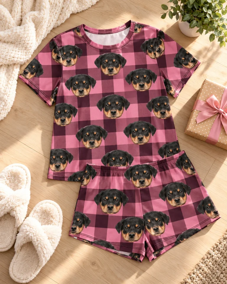 Flat lay of summer PJs: shirt and shorts covered in Rottweiler puppy faces — MyDogPics