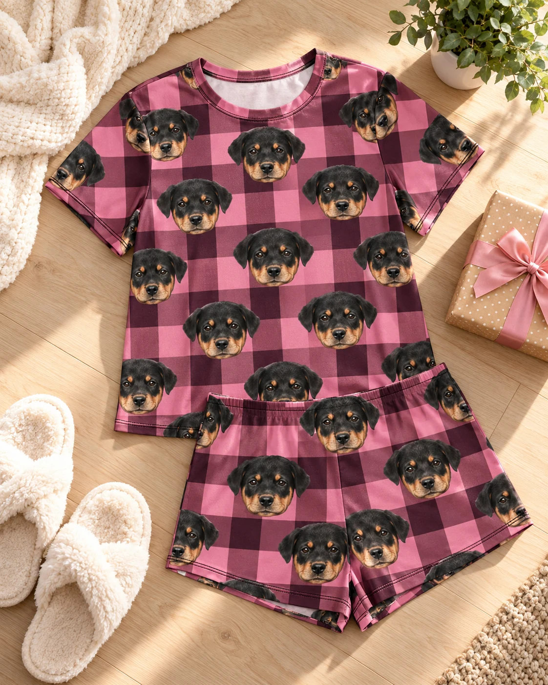 Summer PJs – Flat Lay, Pink Plaid | MyDogPics Flat lay of summer PJs: shirt and shorts covered in Rottweiler puppy faces — MyDogPics
