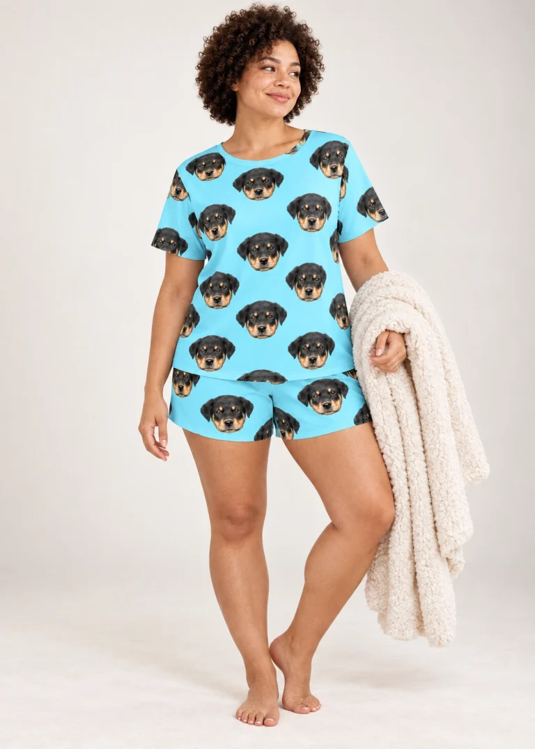 Woman wearing summer PJs covered in Rottweiler puppy faces on light blue fabric — MyDogPics